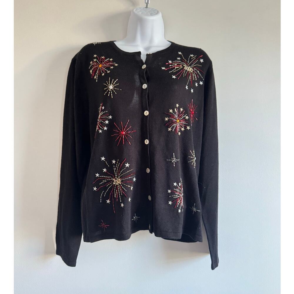 Vintage Karen Scott‎ Y2K Fireworks Sweater Black SIZE L Y2k Kitsch New Years